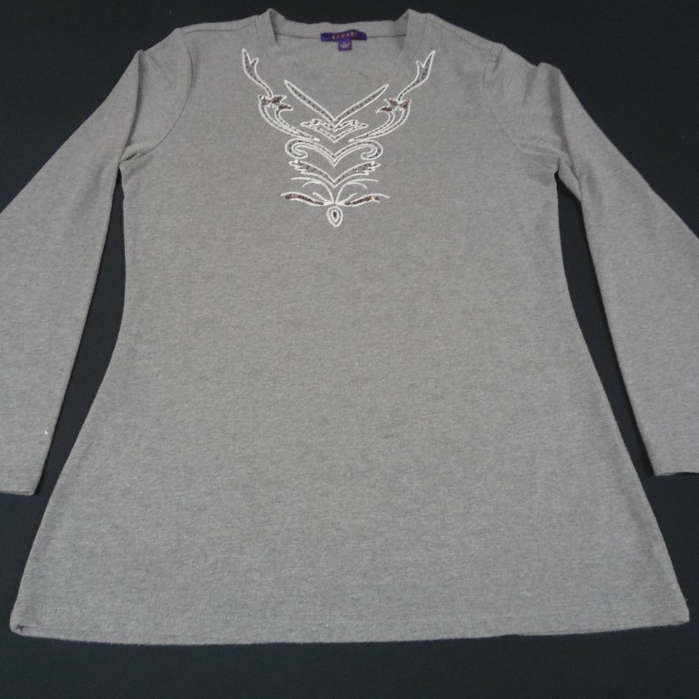 BOGARI EMBROIDERED SEQUIN V-NECK GRAY LONG SLEEVE LARGE WOMENS T-SHIRT H993